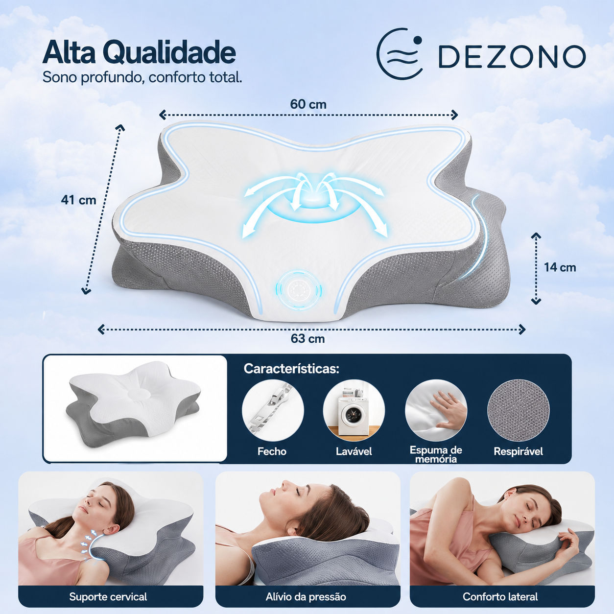 Medidas e características da almofada ergonómica DEZONO ERGO